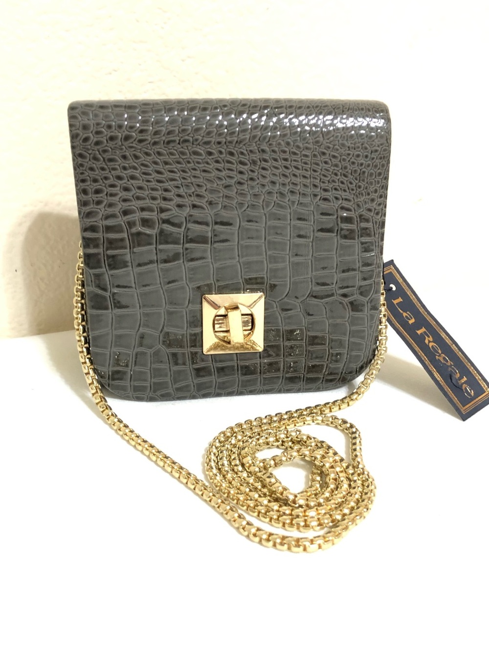 La Regale Charcoal Croc-Embossed Crossbody with Gold Chain